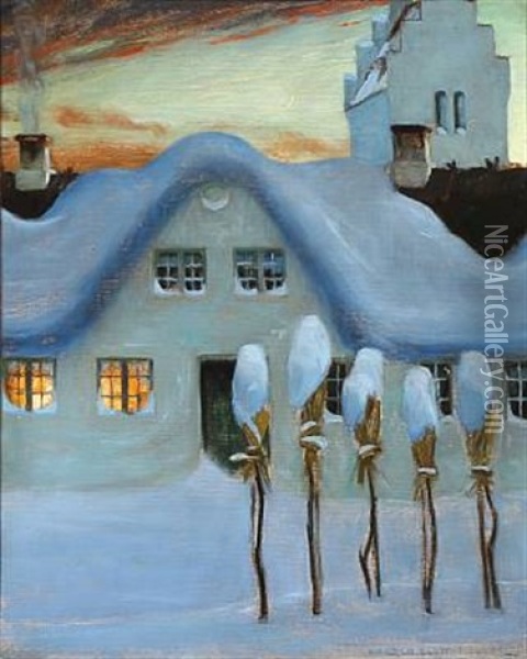Evening Atmosphere In Front Of A Vicarage, Winter Time Oil Painting - Harald Slott-Moller