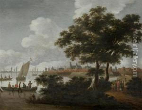 Flusslandschaft Mit Einer Stadtansicht Im Hintergrund. Oil Painting - Willem Van Drielenburgh