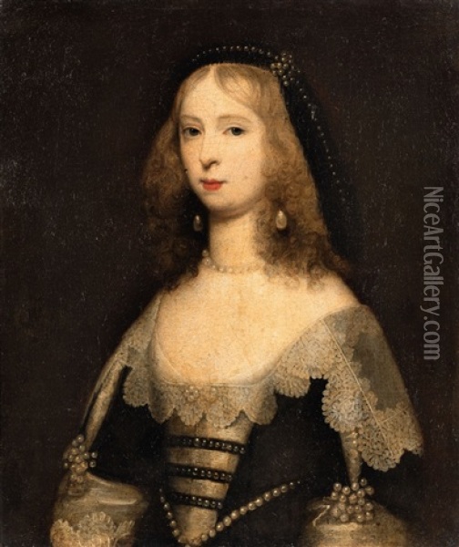 Portrait Of A Lady In Pearl Jewellery Oil Painting - Cornelis Jonson Van Ceulen