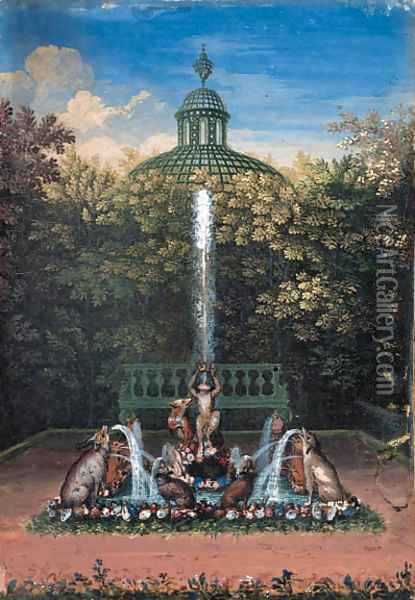 A fantastical animal fountain in the Bosquet du Labyrinthe, Chateau de Versailles Oil Painting - Jean II Cotelle