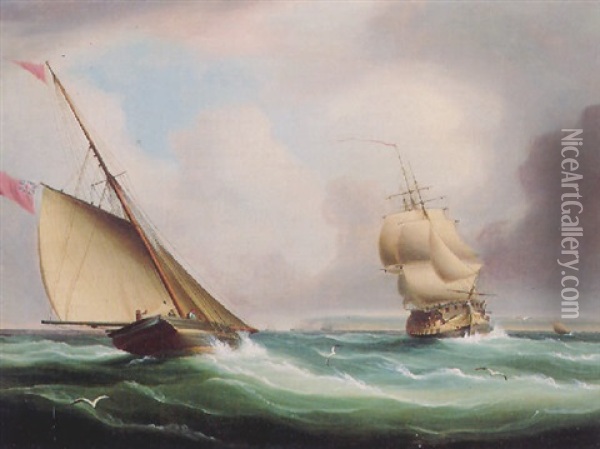 A Dispatch Cutter Making For A Man-o'-war Oil Painting - Thomas Buttersworth
