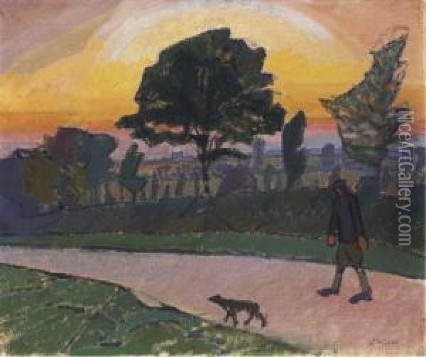 Sunset, Letchworth, With Man And Dog Oil Painting - Spencer Frederick Gore