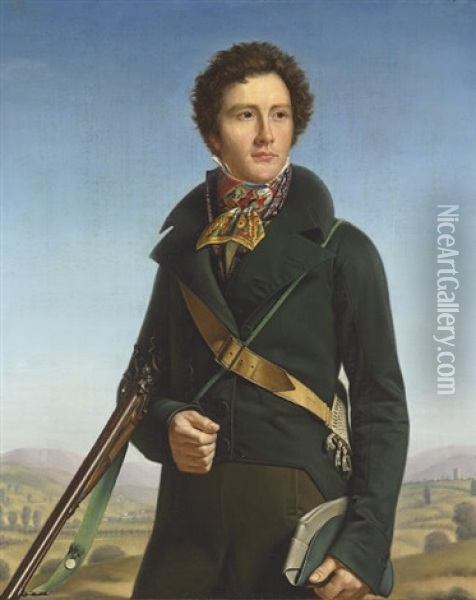 Portrait Of A Gentleman (jean-andre Prosper Henri Le Page?) In A Green Jacket And Carrying A Rifle Oil Painting - Francois Henri Mulard