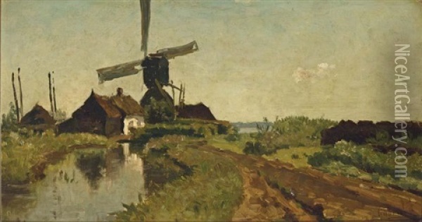 A Windmill In A Polder Landscape Oil Painting - Paul Joseph Constantin Gabriel