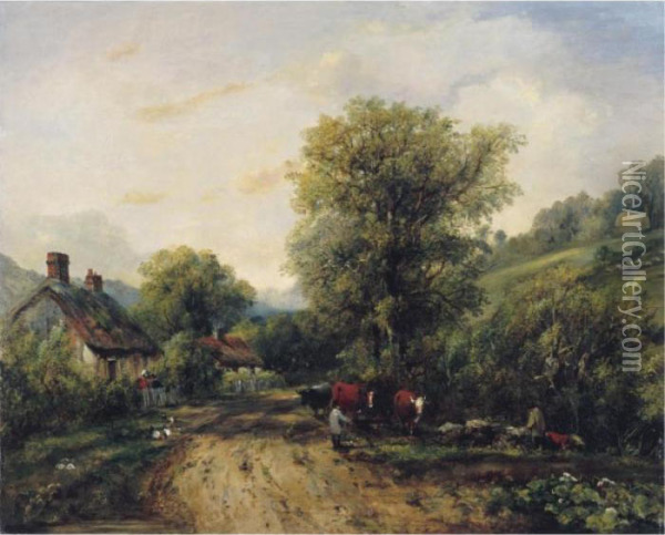 A Landscape With Drovers And Their Cattle On A Country Road Oil Painting - Frederick Waters Watts