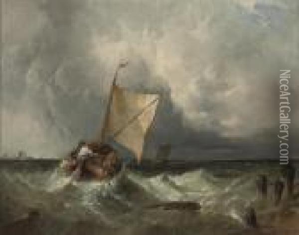 Off To The Fishing Grounds; And A Fishing Barge In An Onshore Breeze (illustrated) Oil Painting - Alfred Montague