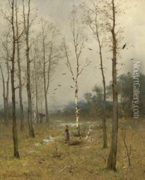 Reisigsammlerinnen Im
 Birkenwald. Oil Painting - Heinrich Gogarten