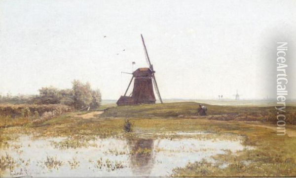 Landscape With Windmill Oil Painting - Paul Joseph Constantine Gabriel