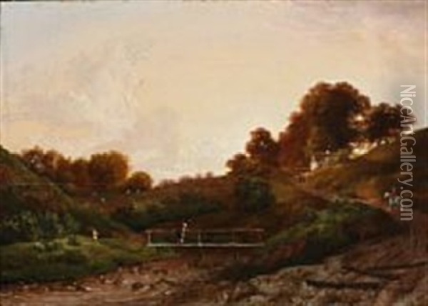 View From A Bridge Near Humlebaek, Denmark Oil Painting - Johannes Stroe