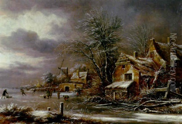 A Winter Landscape With Skaters On A Frozen River By A Village Oil Painting - Nicolaes Molenaer
