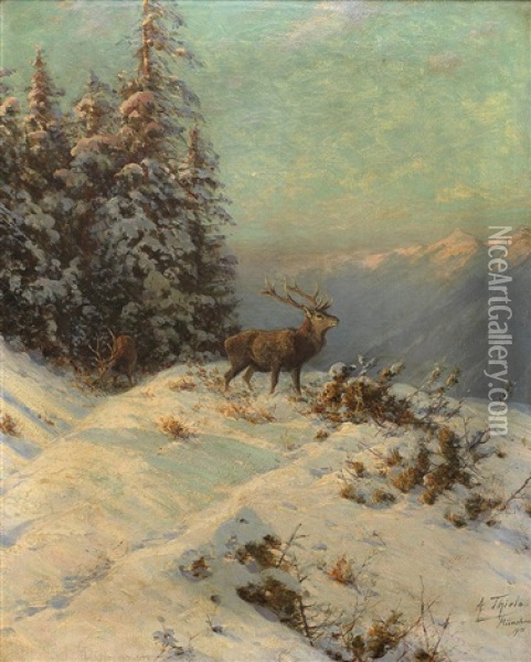 Ruckseitig Betitelt Winterabend Im Hochgebirg Oil Painting - Arthur (Julius) Thiele