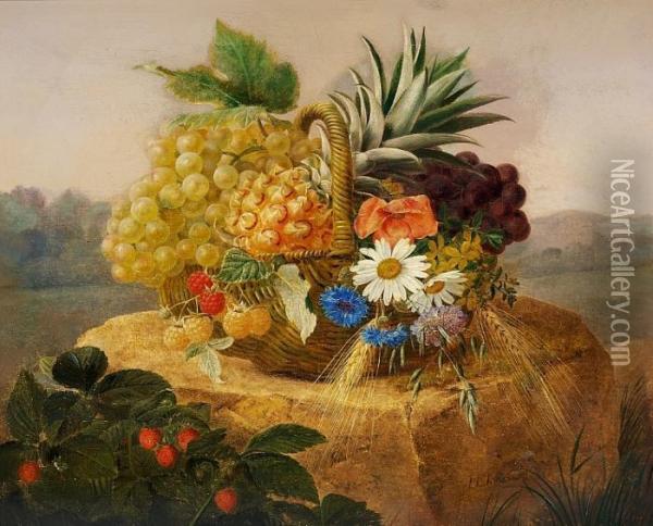A Basket With Grapes, Pineapple And Wild Flowers On A Rock Oil Painting - Johan Laurentz Jensen