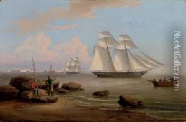 An American Brig Outward Bound From A Mediterranean Port Oil Painting - Thomas Birch