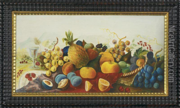 A Still-life With Fruit And Mountains Oil Painting - Joseph H. Hidley