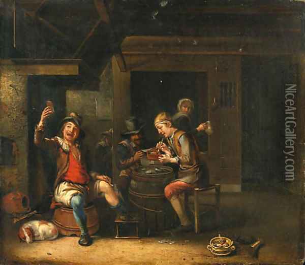 Peasants playing cards and smoking in a tavern Oil Painting - Justus Juncker