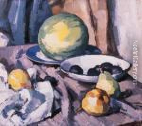 A Watermelon, Pears And Plums Oil Painting - Samuel John Peploe