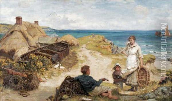 Showing Off His Catch A Coastallandscape With Fisherfolk Oil Painting - Ernest Albert Waterlow