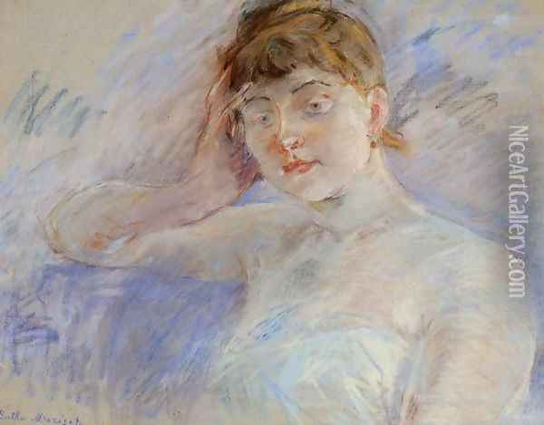 Young Woman In White Aka Isabelle Lemmonier Oil Painting - Berthe Morisot