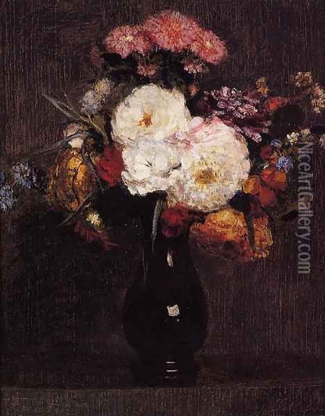 Dahlias, Queens Daisies, Roses and Cornflowers Oil Painting - Ignace Henri Jean Fantin-Latour