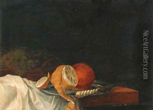 A peeled lemon, an orange and a knife on a pewter plate Oil Painting - Jan III van de Velde