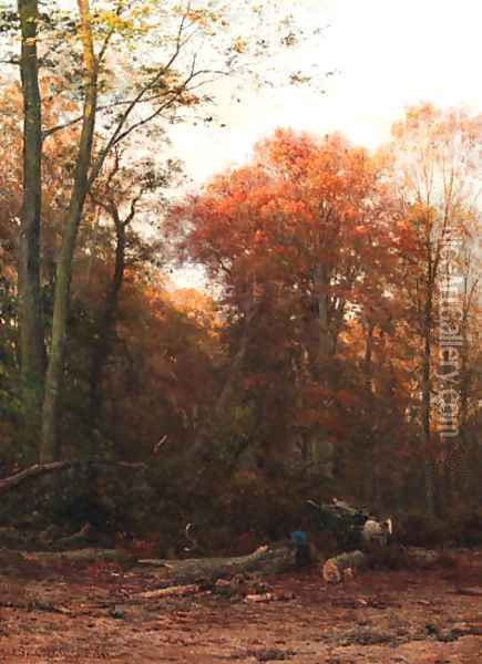 A woodcutter at work in a forest clearing Oil Painting - Julius Jacobus Van De Sande Bakhuyzen