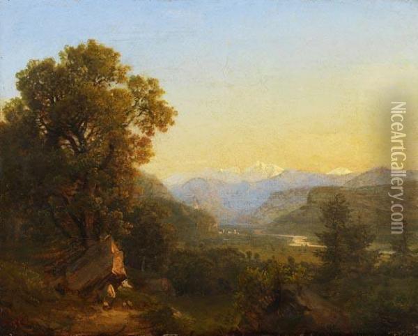 Blick Uber Ein Weites Alpenflusstal Mit Burgruine Und Kleinem Stadtchen. Oil Painting - Johann Theodor Goldstein