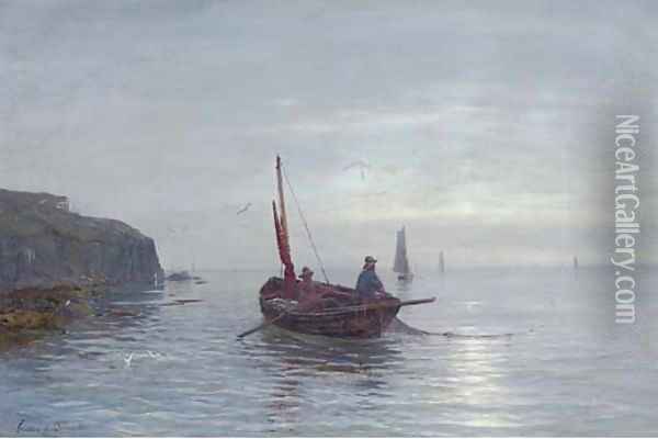 Fishing off a coastline at dusk Oil Painting - Gustave de Breanski