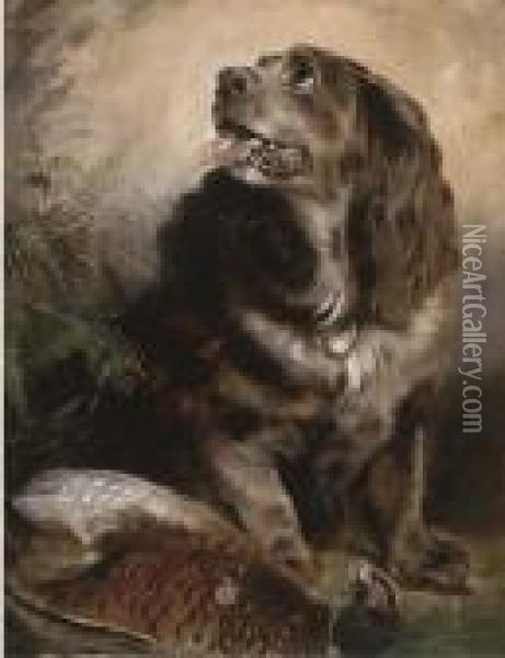 A Spaniel With His Trophy Oil Painting - Landseer, Sir Edwin