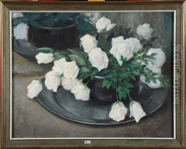 Les Roses Blanches Oil Painting - Rene De Pauw