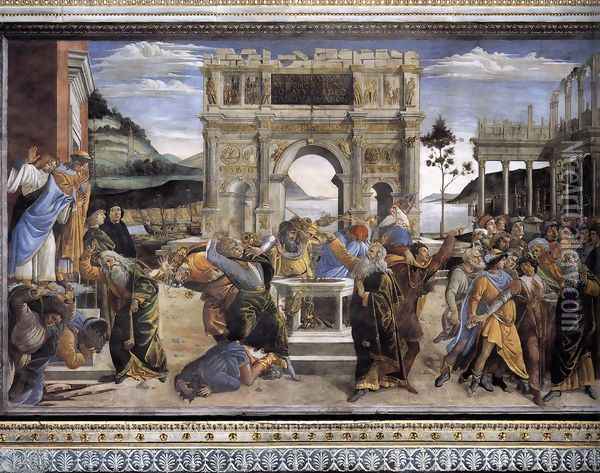 The Punishment of Korah and the Stoning of Moses and Aaron 1481-82 Oil Painting - Sandro Botticelli