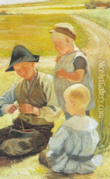 Sommerlandskab Med Tre Drenge, Der Bygger Modelskib Oil Painting - Emilie (Caroline E.) Mundt