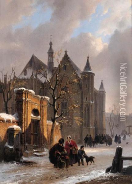 A Capricio View With Figures Leaving A Church In Winter Oil Painting - Bartholomeus J. Van Hove