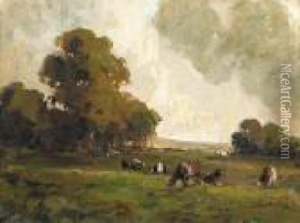 Rha Rua Landscape With Cattle Signed Lower Left Oil On Panel 38 By 51cm., 15 By 20in Oil Painting - James Humbert Craig
