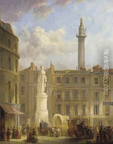 The Monument and the statue of King William IV from King William Street Oil Painting - English School