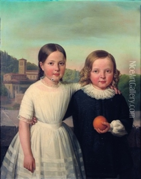 Portrait De Deux Enfants Sur Fond De Paysage Oil Painting - Jean Marie Jacomin