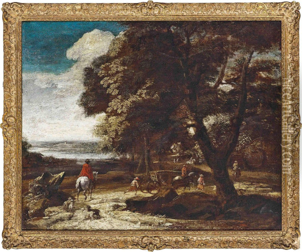 A Wooded River Landscape With Travellers And A Carriage On A Track Oil Painting - Frederick De Moucheron