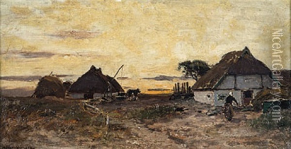 Bauernhauser Am Abendlichen Bodden Oil Painting - Konrad Alexander Mueller-Kurzwelly