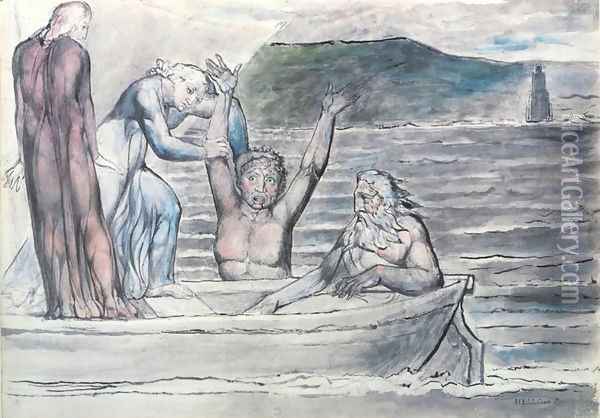 Inferno, Canto VIII, 30-64, Virgil repelling Filippo Argenti from the Boat Oil Painting - William Blake