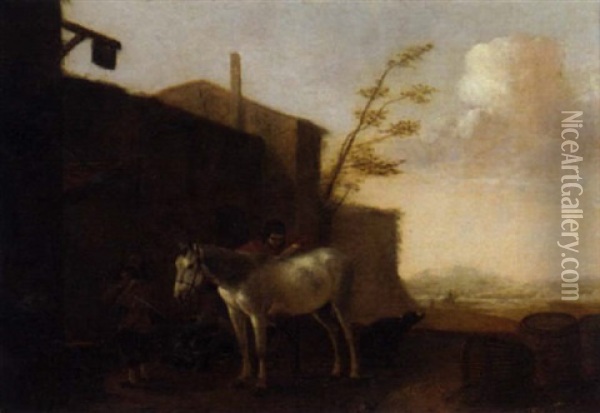 An Italianate Landscape With A Horse, A Boy And An Ostler By An Inn Oil Painting - Pieter Jacobsz. van Laer