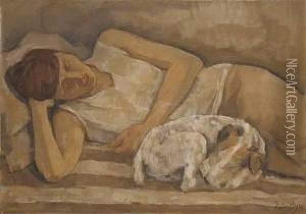 Liegende Renee Sintenis Mit Ihrem Hund Oscar Oil Painting - Emil Rudolf Weiss