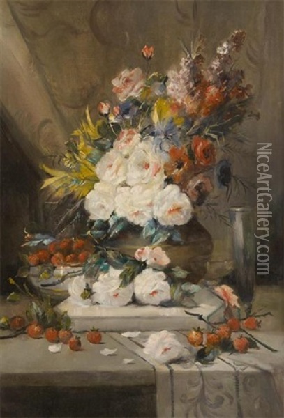 Composition Aux Roses Sur Un Entablement Oil Painting - Charles Brunin