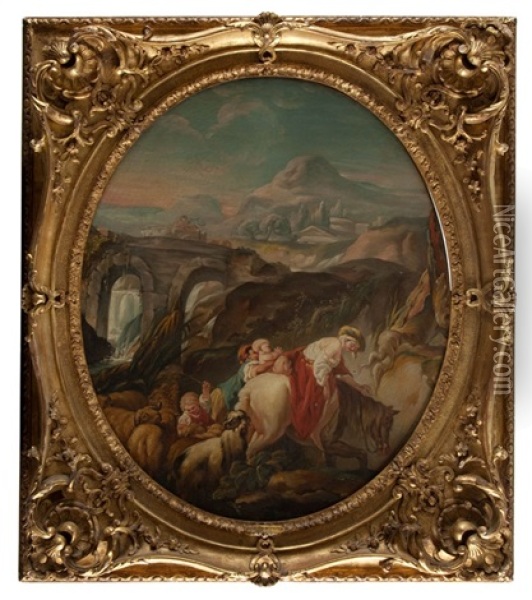 The Pastoral Scene At The Bridge Circa Oil Painting - Jean Baptiste Henri Deshays