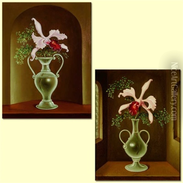 Orchid Blossom In Venetian Glass Vase (+ Another, Similar; Pair) Oil Painting - Stanilaus Poray