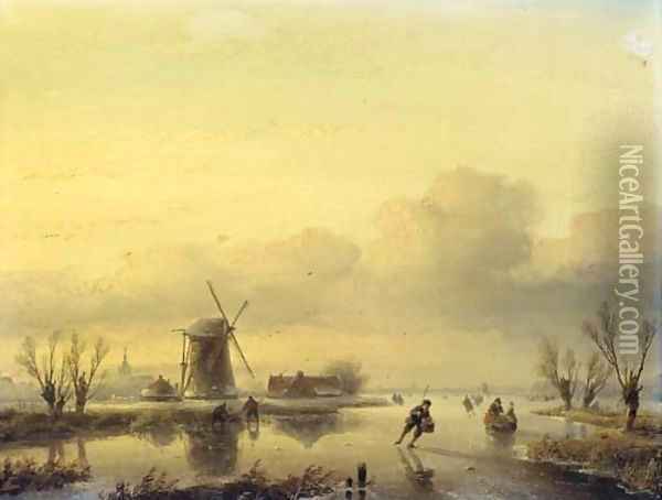A winter landscape with figures on a frozen waterway Oil Painting - Jan Jacob Spohler