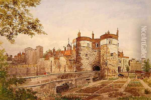 View of the Tower of London, showing Byward Tower, Beauchamp Tower, Devereux Tower and St. Thomas Tower, 1883 Oil Painting - John Crowther