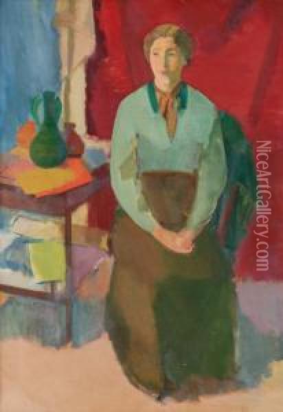 Sittande Kvinnlig Modell I Gron Blus Oil Painting - Karl Isakson