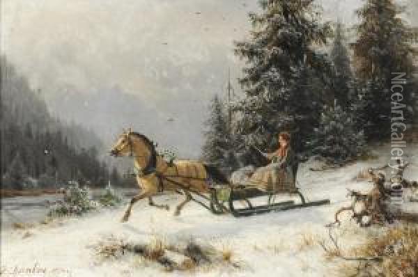 Figure In A Horse Drawn Sleigh Oil Painting - Johannes-Bertholomaus Dutntze