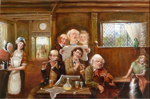 Interior Scene With Ceilidh Band And Singers Oil Painting - Archibald Mackinnon