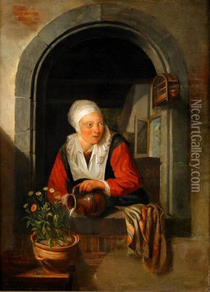 Kvinna Som Vattnar Blommor Oil Painting - Dominicus van Tol