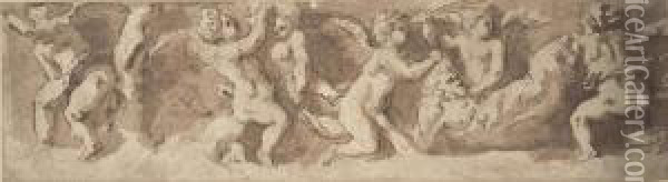 Design For A Frieze With Winged Putti Tormenting A Satyr Oil Painting - Rancesco De' Rossi (see Salviati, Cecchino Del)
